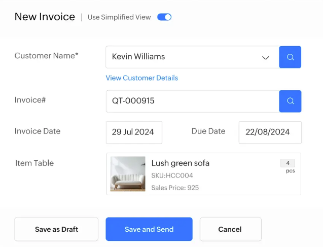 screenshot of Zoho Invoice
